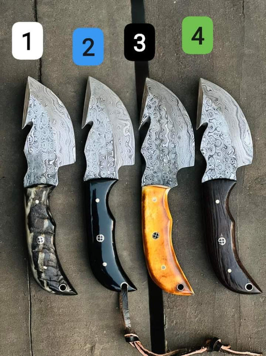 4 knife discunt price Beautiful Custom Handmade Damascus
steel gut hook Skinning knife