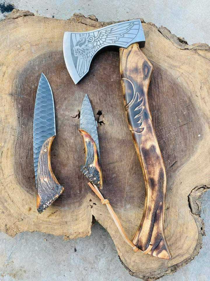 Beautiful Custom Handmade high carbon Steel 2 knife and one axe